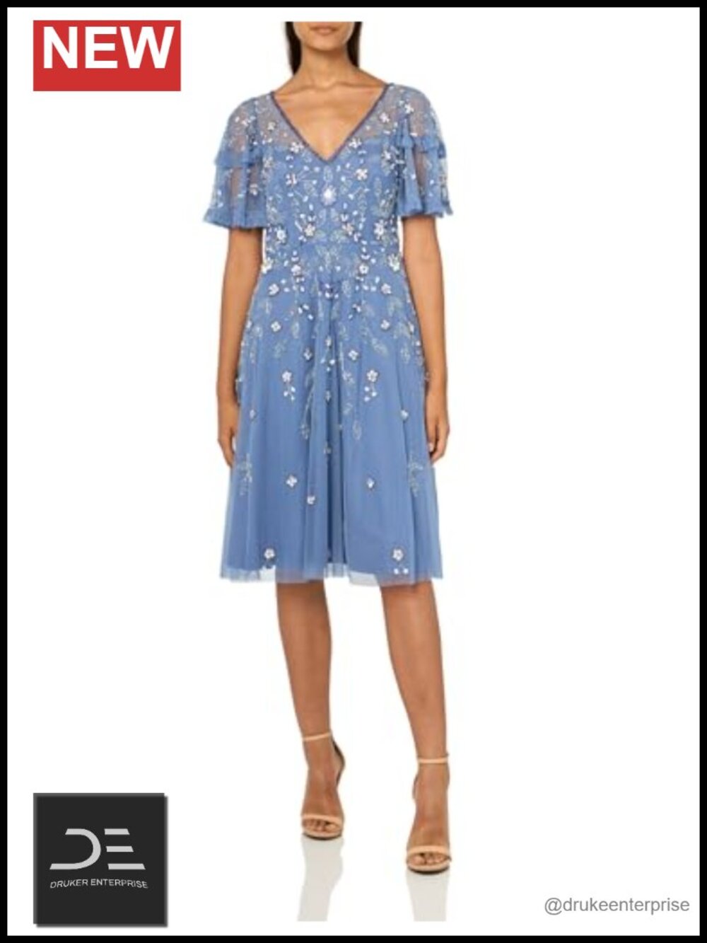 Adrianna Papell Beaded Midi Dress Sheer Ruffled Sleeves